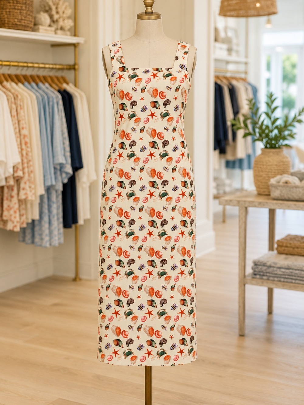 Anna Cate Sleeveless Square-Neck Seashell crab Print Midi Dress - Cream